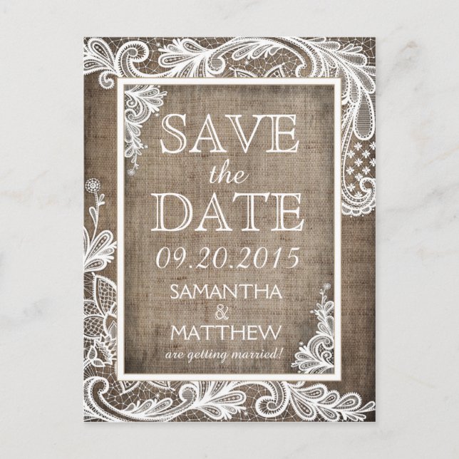 White Lace Burlap Modern Goth Save the Date Announcement Postcard (Front)