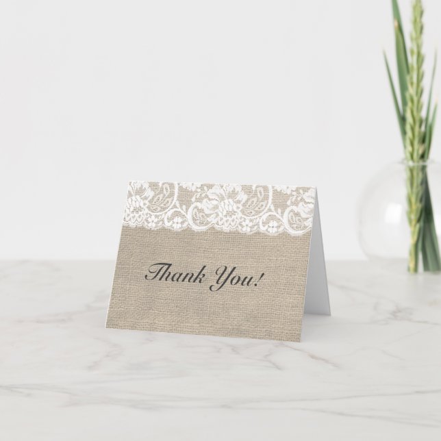 White Lace & Burlap Rustic Wedding Thank You Card (Front)