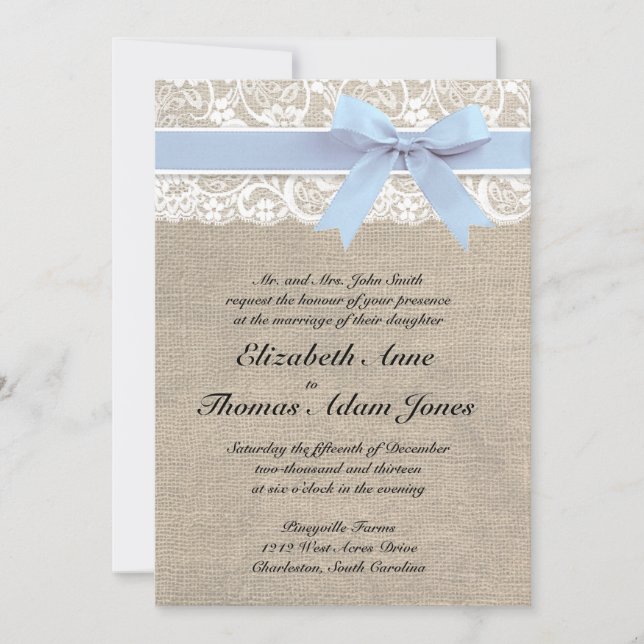 White Lace Burlap Wedding Invitation- Baby Blue Invitation (Front)