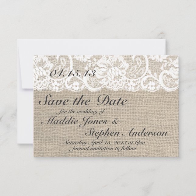 White Lace & Burlap Wedding Save the Date (Front)