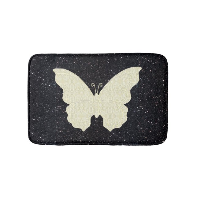White Lace Butterfly On Black Glitter Bath Mat (Front)