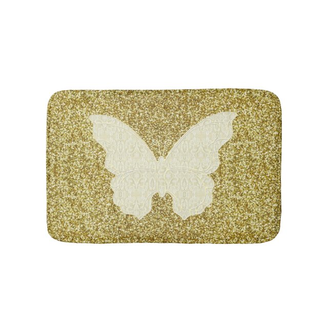 White Lace Butterfly On Gold Glitter Bath Mat (Front)