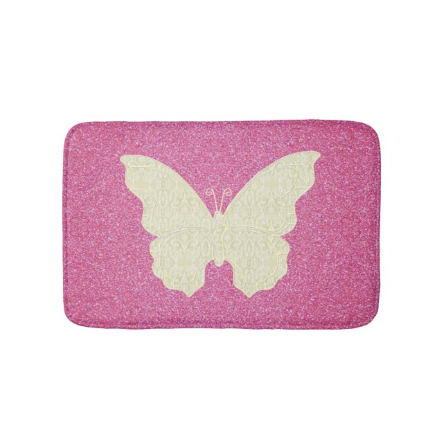 White Lace Butterfly On Pink Glitter Bath Mat (Front)