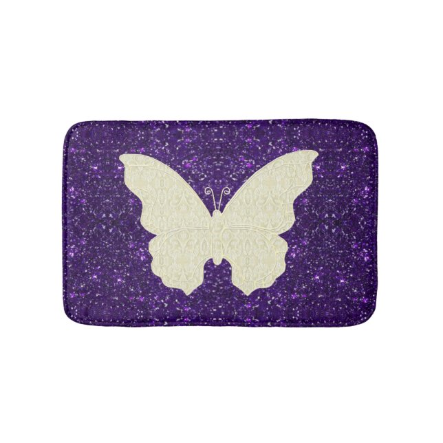 White Lace Butterfly On Purple Glitter Bath Mat (Front)