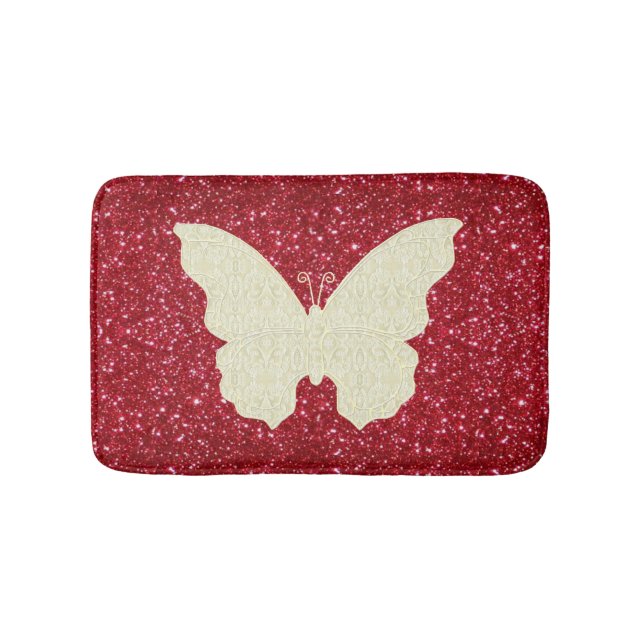 White Lace Butterfly On Red Glitter Bath Mat (Front)