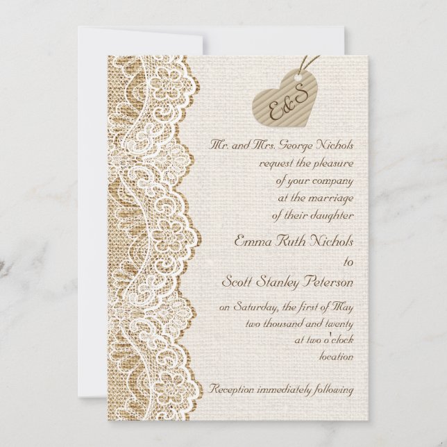 White lace & cardboard heart on burlap wedding invitation (Front)