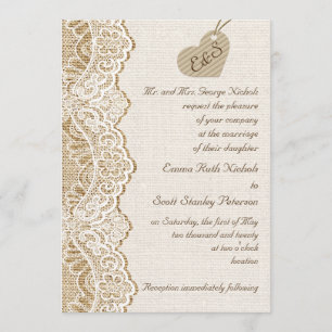 White lace & cardboard heart on burlap wedding invitation