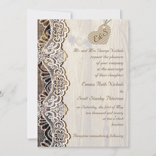 White lace & cardboard heart on wood wedding invitation (Front)