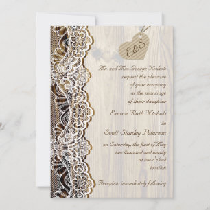 White lace & cardboard heart on wood wedding invitation
