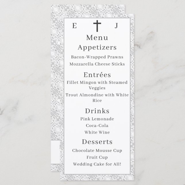White Lace Catholic Monogrammed Menu (Front/Back)