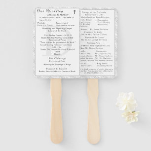 White Lace Catholic Monogrammed Wedding Program Hand Fan