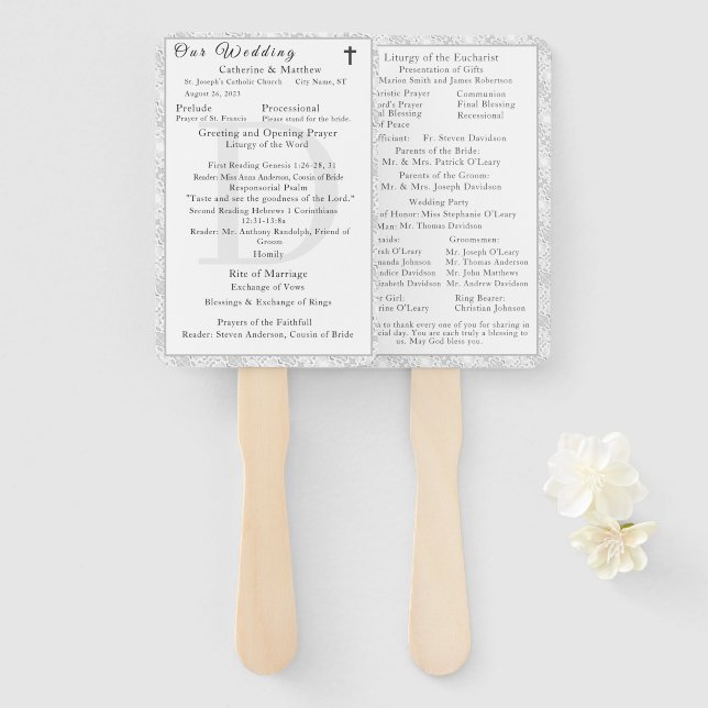 White Lace Catholic Monogrammed Wedding Program Hand Fan (Front and Back)