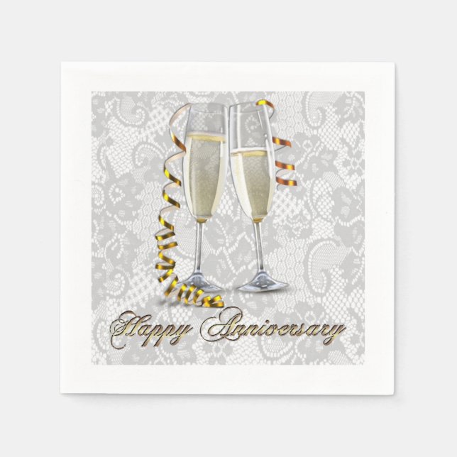 White Lace Champagne Flute Anniversary Napkins (Front)