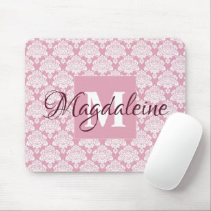 White Lace Damask on Dusty Rose Name & Monogram Mouse Mat