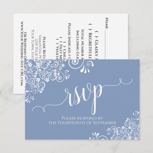 White Lace Dusty Blue Elegant Calligraphy Wedding RSVP Card (Front/Back)
