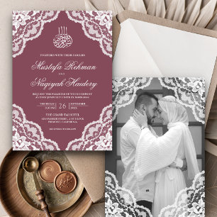 White Lace Dusty Pink Muslim Wedding Photo Invitation
