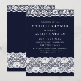 White Lace Elegant Modern Navy Blue Couples Shower Invitation