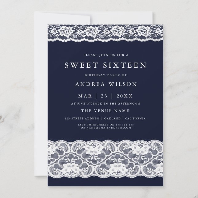 White Lace Elegant Navy Blue Sweet 16 Invite (Front)