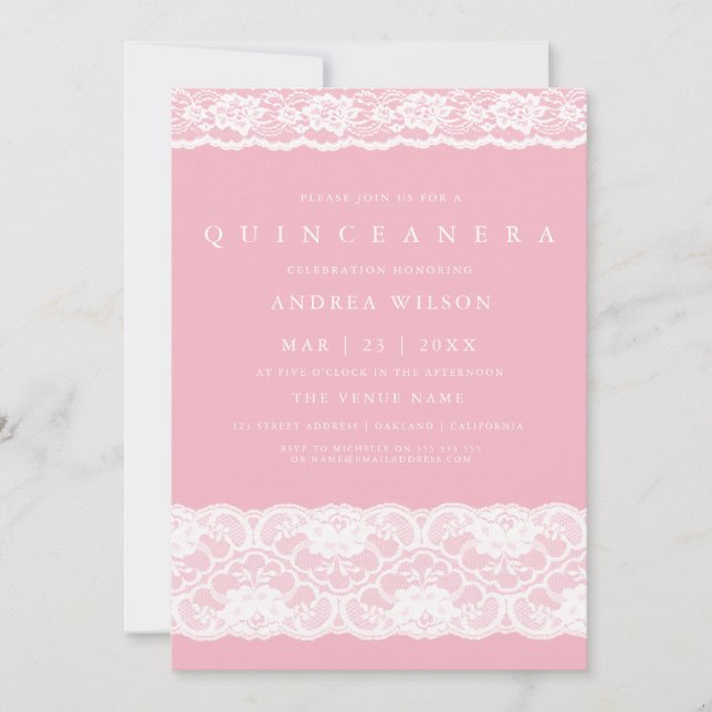 White Lace Elegant Pink Quinceanera Party Invite (Front)