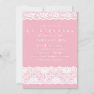 White Lace Elegant Pink Quinceanera Party Invite