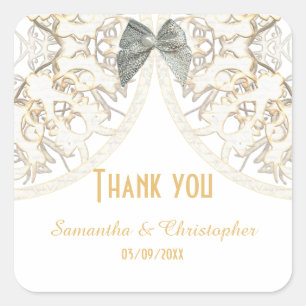 White lace filigree damask pattern thank you square sticker