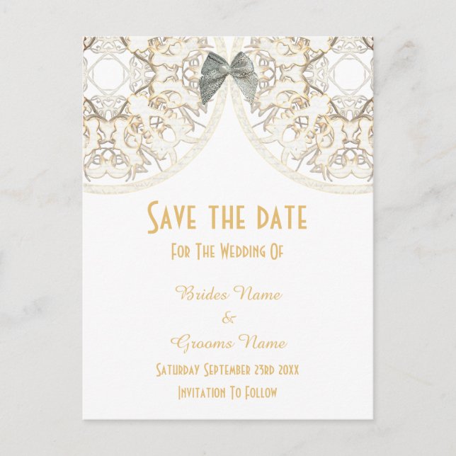White lace filigree damask save the date announcement postcard (Front)