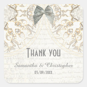 White lace filigree parchment pattern thank you square sticker