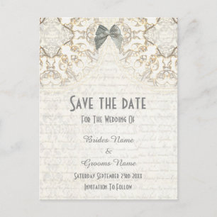 White lace filigree parchment save the date announcement postcard