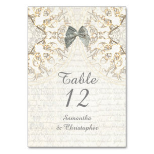 White lace filigree vintage parchment wedding table number