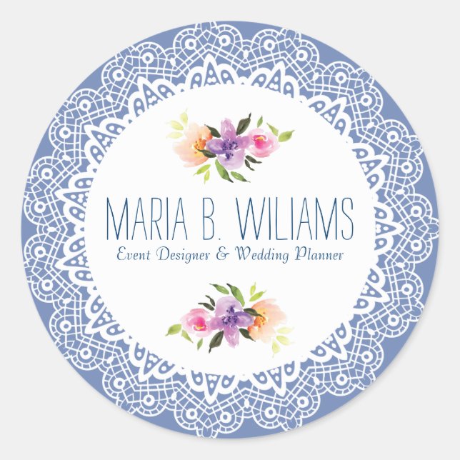 White Lace & Floral Bouquet Classic Round Sticker (Front)
