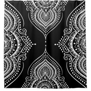 White Lace Floral Ornament On Black Shower Curtain