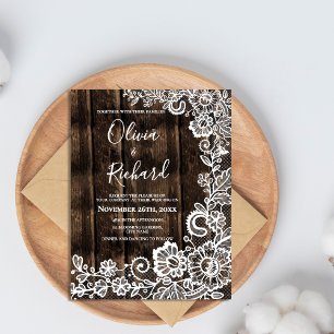 White Lace Floral Rustic Wood Wedding Invitation Postcard