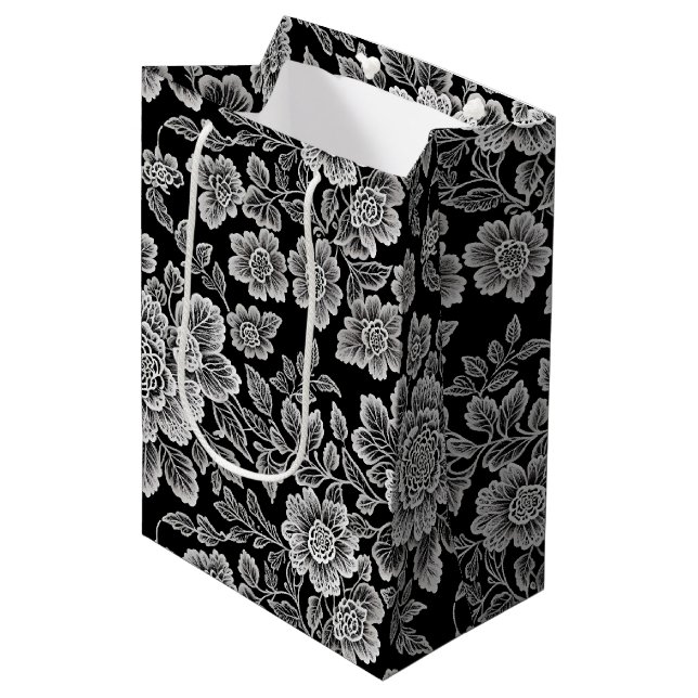 White Lace Florals on Black Medium Gift Bag (Front Angled)