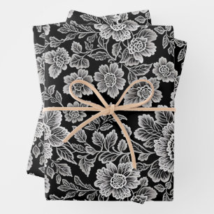 White Lace Florals on Black Wrapping Paper Sheet