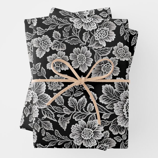White Lace Florals on Black Wrapping Paper Sheet (In situ)
