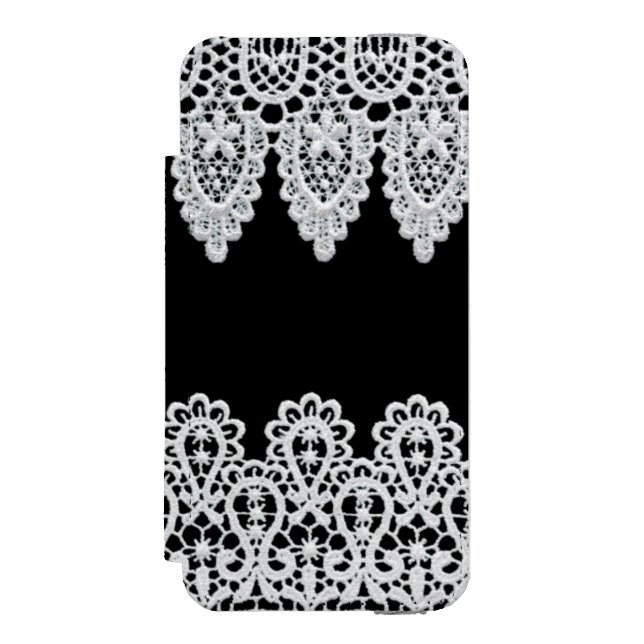 White lace forms a delicate border against black incipio iPhone wallet case (Folio Front)