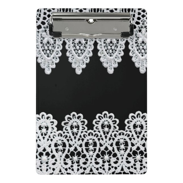 White lace forms a delicate border against black mini clipboard (Front)
