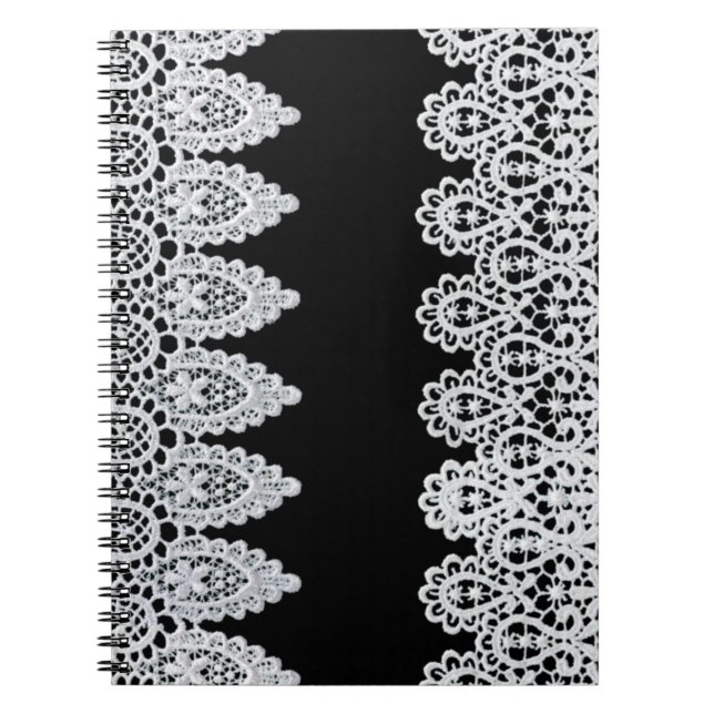 White lace forms a delicate border against black notebook (Front)