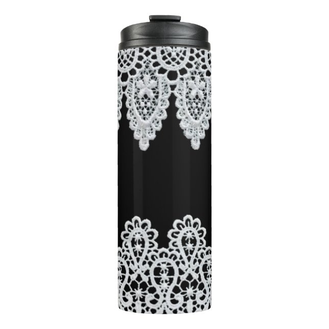 White lace forms a delicate border against black thermal tumbler (Front)