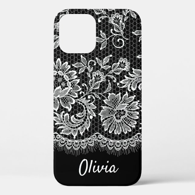White Lace Fringe On Black Case-Mate iPhone Case (Back)