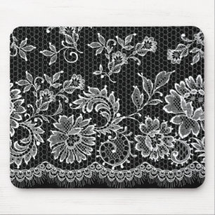 White Lace Fringe On Black Mouse Mat