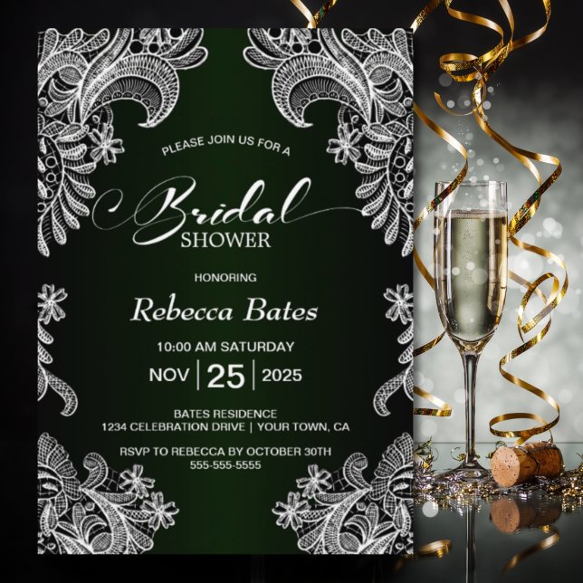 White Lace Green Bridal Shower Invitation (Creator Uploaded)
