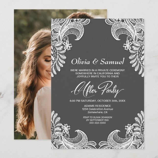 White Lace Grey Custom Photo Wedding After Party Invitation (Front/Back)