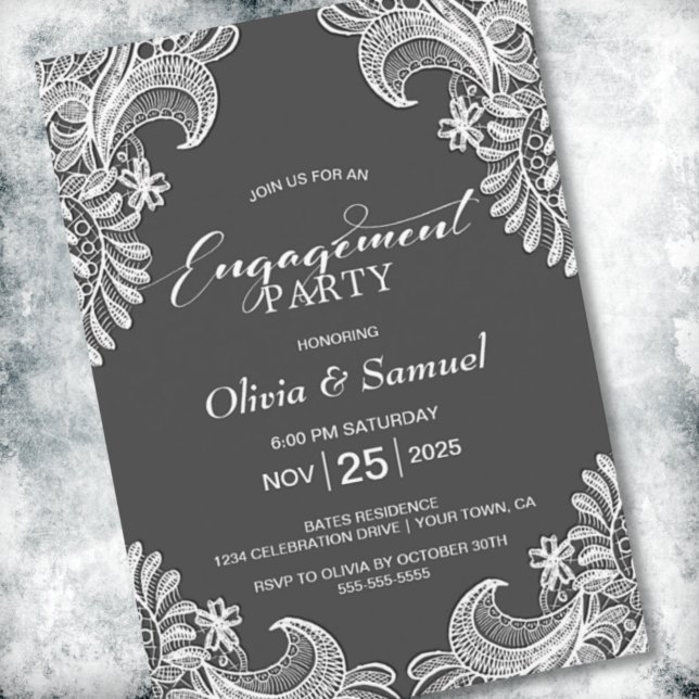 White Lace Grey Engagement Party Invitation (Creator Uploaded)