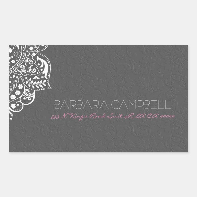 White Lace Grey Floral Damask Rectangular Sticker (Front)