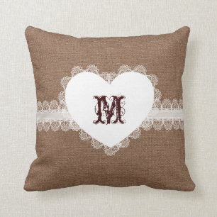 White Lace Heart Monogram on Burlap - Shabby Chic Cushion