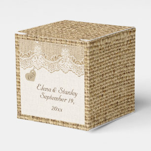 White lace & heart on burlap rustic wedding favour box