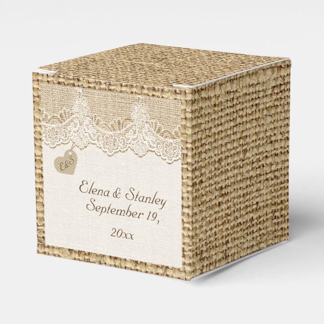 White lace & heart on burlap rustic wedding favour box (Front Side)