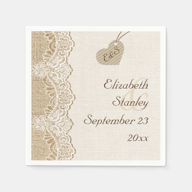 White lace & heart on burlap rustic wedding napkin (Front)