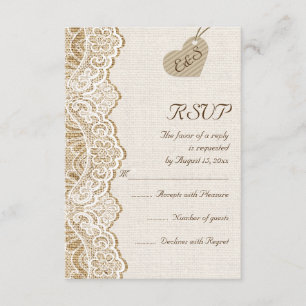 White lace & heart on burlap wedding RSVP